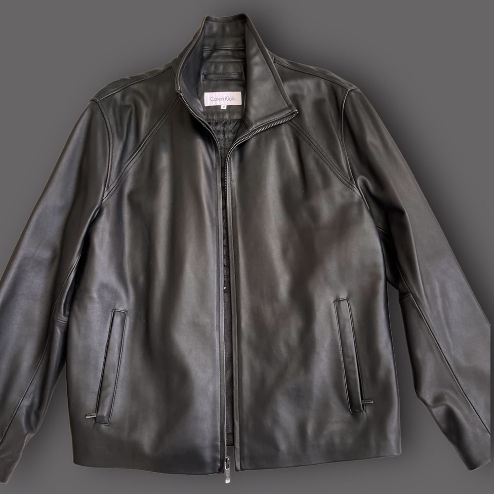 Calvin Klein Men's Genuine Black Leather Jacket, Medium (never worn)